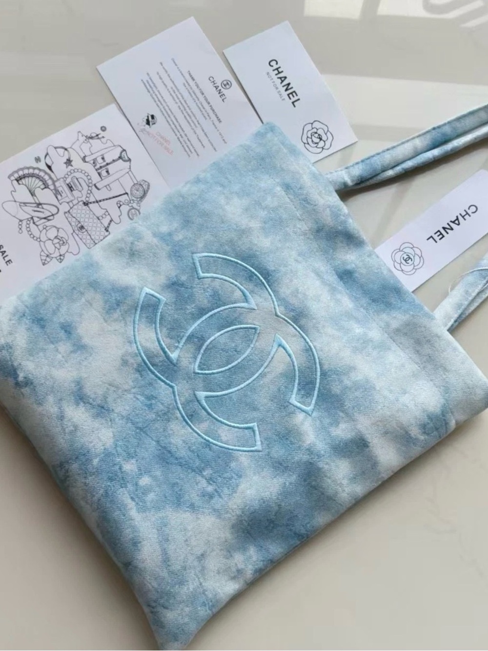 CHANEL Light Blue Tie-Dye Tote with Embroidered CC